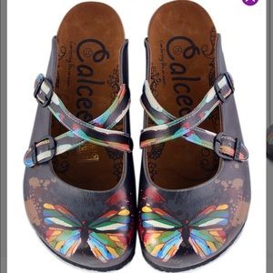 Calceo- Butterfly painted mule-multi-colored cross-straps design-NEW